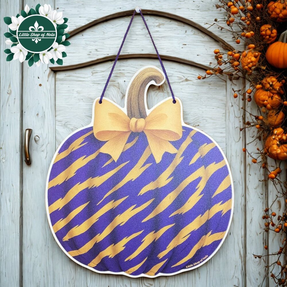 Purple Gold Tiger Stripes Bow Pumpkin Louisiana Halloween LSU Fall Door Hanger
